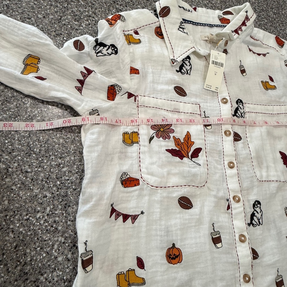 Pilcro Anthropologie Embroidered Fall Motif Cotton Gauze Button Down Shirt M - Picture 9 of 11